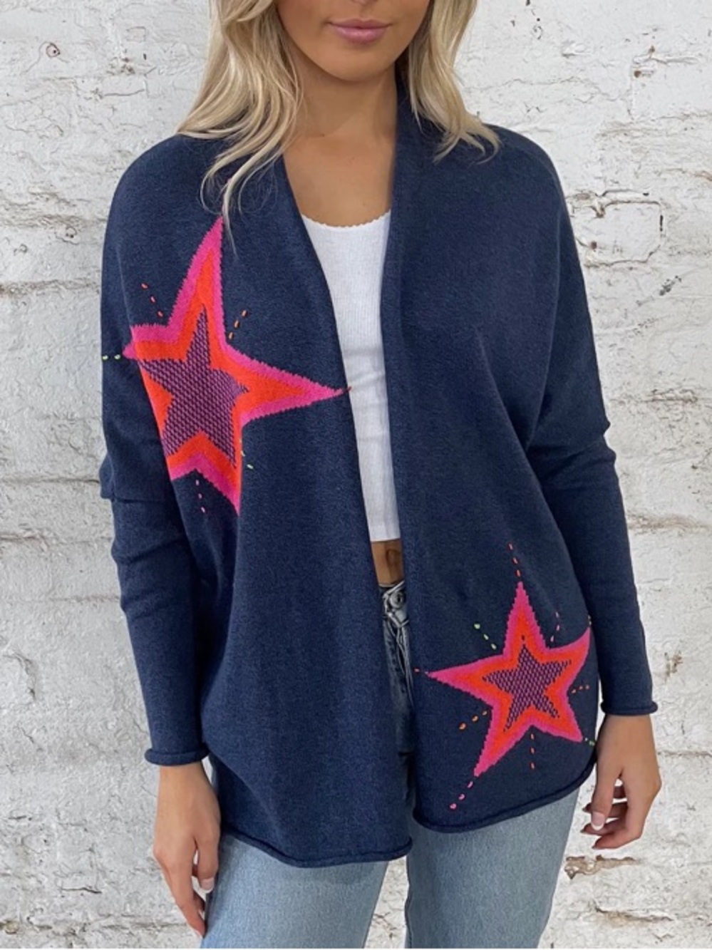 Zaket & Plover Super-Star Navy Star Motif Open Front Knit Cardigan Size XS/S